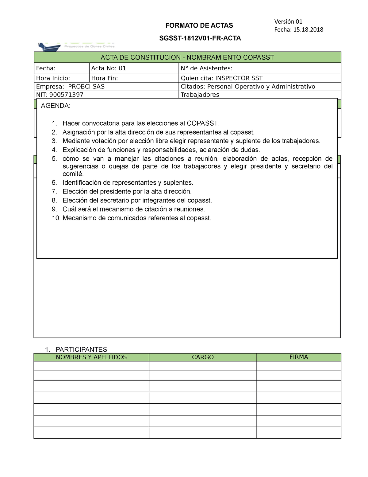 Acta Constitucion Nombramiento Copasst Fundamentos Sst Unigermana