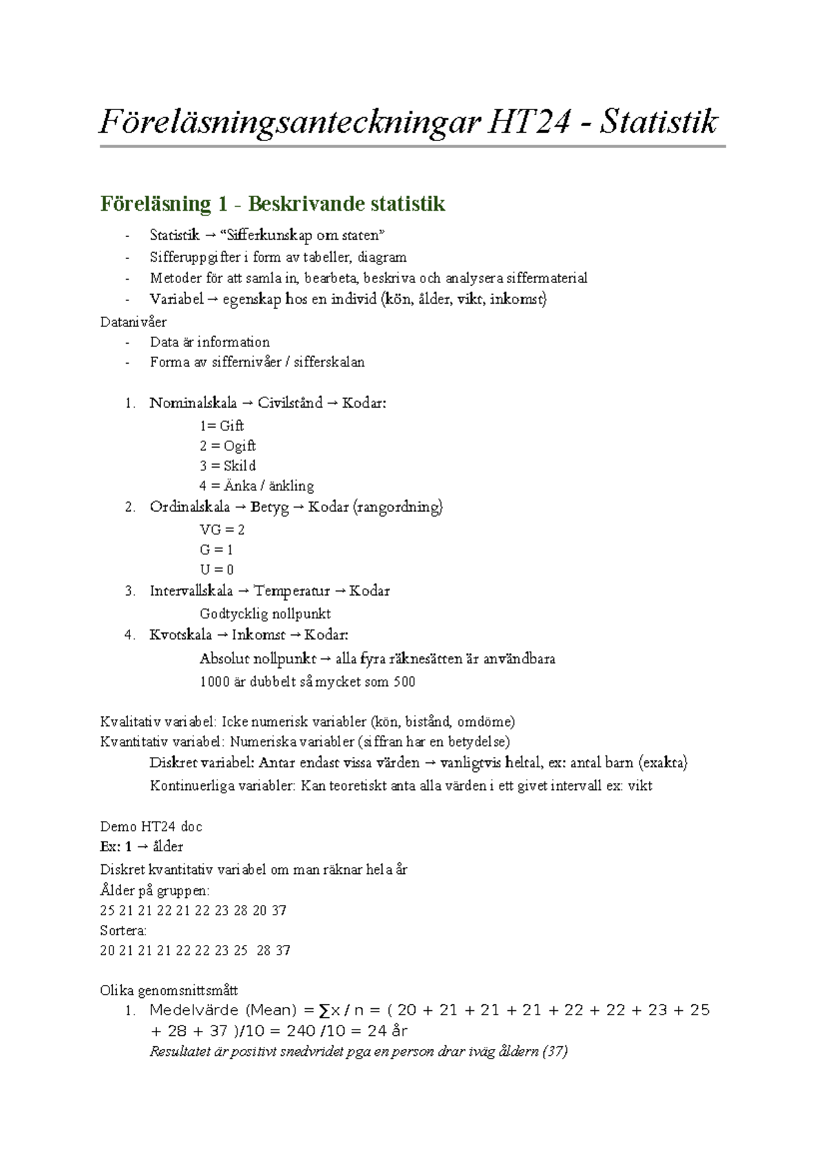 Föreläsningsanteckningar - Föreläsningsanteckningar HT24 - Statistik ...