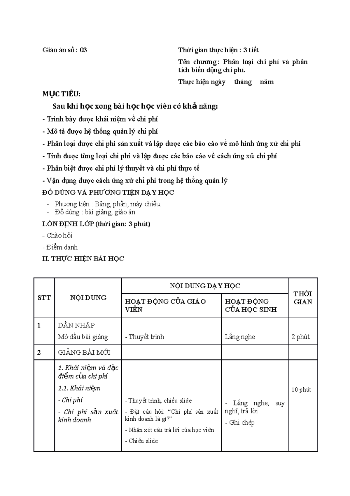 Giáo án KTQT số 02 - Giáo án số : 03 Thời gian thực hiện : 3 tiết Tên