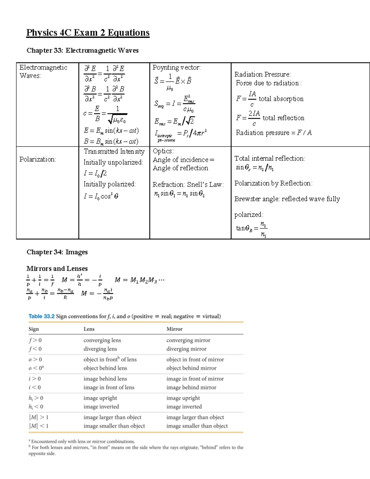 Physics 4C Exam 2 Equations - Physics 4C Exam 2 Equations Chapter 33 ...