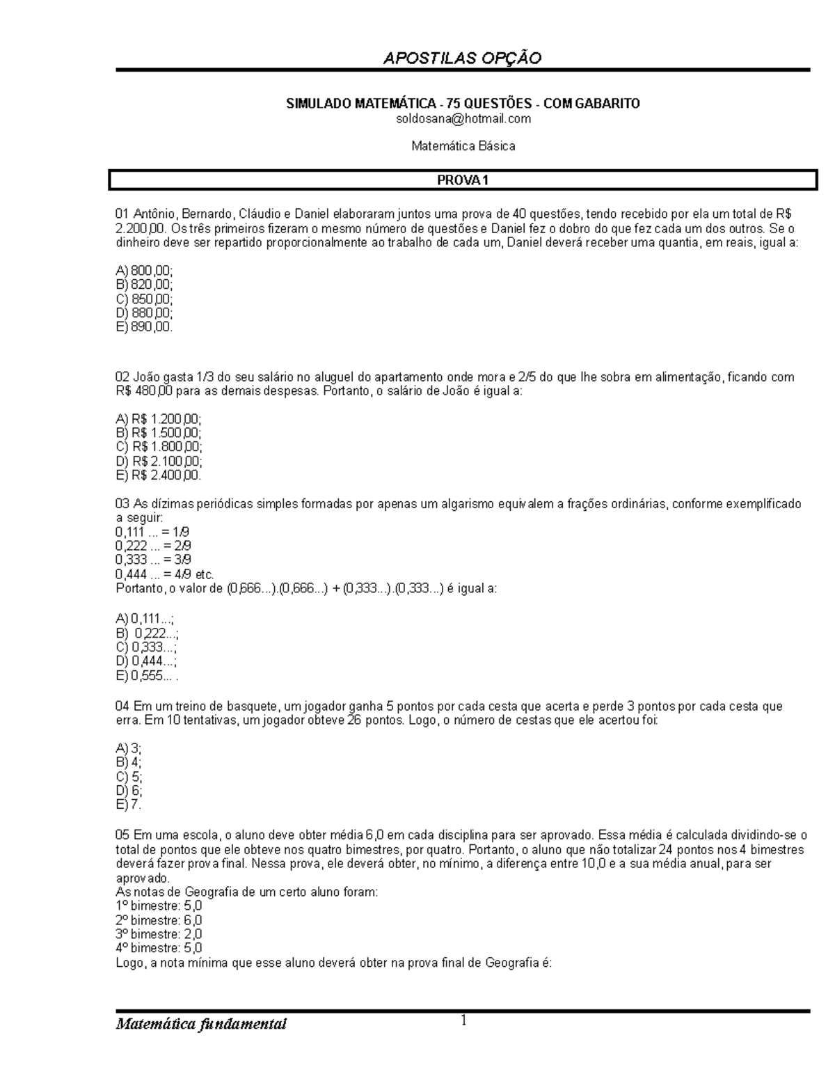 CDP - Matem Tica Fundamental 1 - SIMULADO MATEMÁTICA - 75 QUESTÕES ...