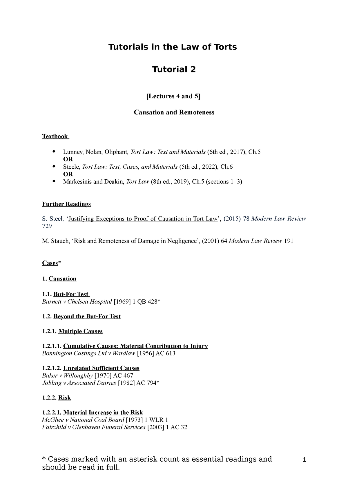 Tort Tutorial Sheet 2 2022 23 Tutorials In The Law Of Torts Tutorial 2 Lectures 4 And 5 4297