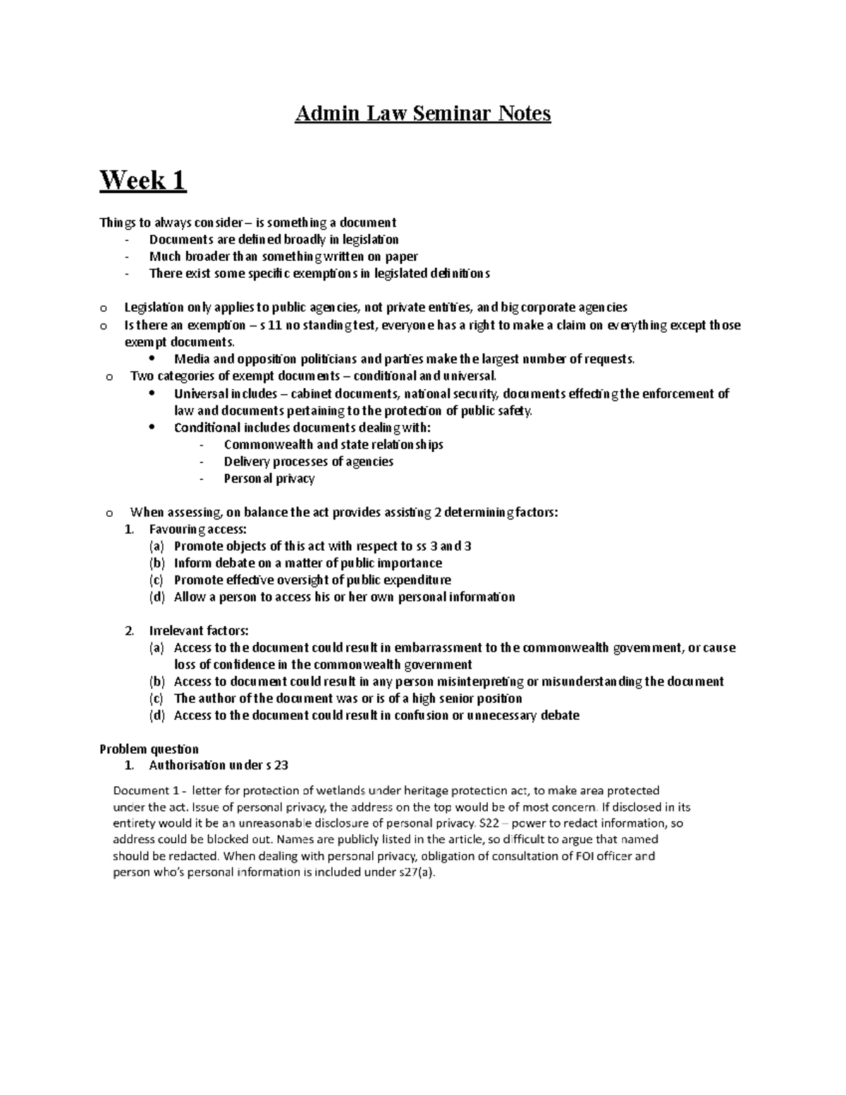 Admin Law Semiar Notes - Admin Law Seminar Notes Week 1 Things to ...