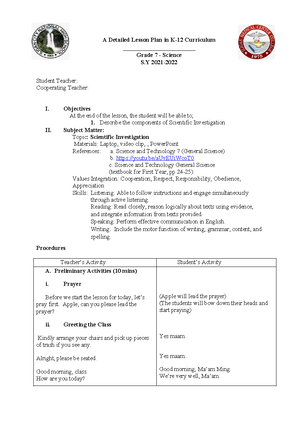 Dlp 3 - Detailed Lesson Plan for Practice Teach - A Detailed Lesson ...