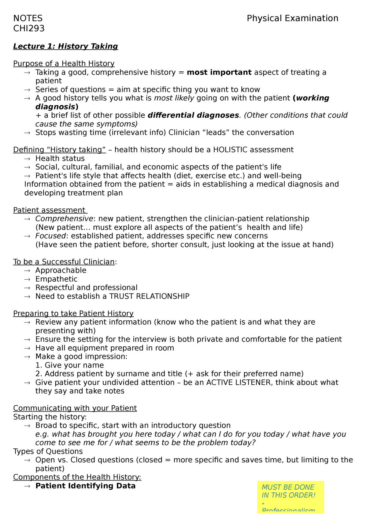 Physical Examination Notes and Self Directed study NOTES CHI293