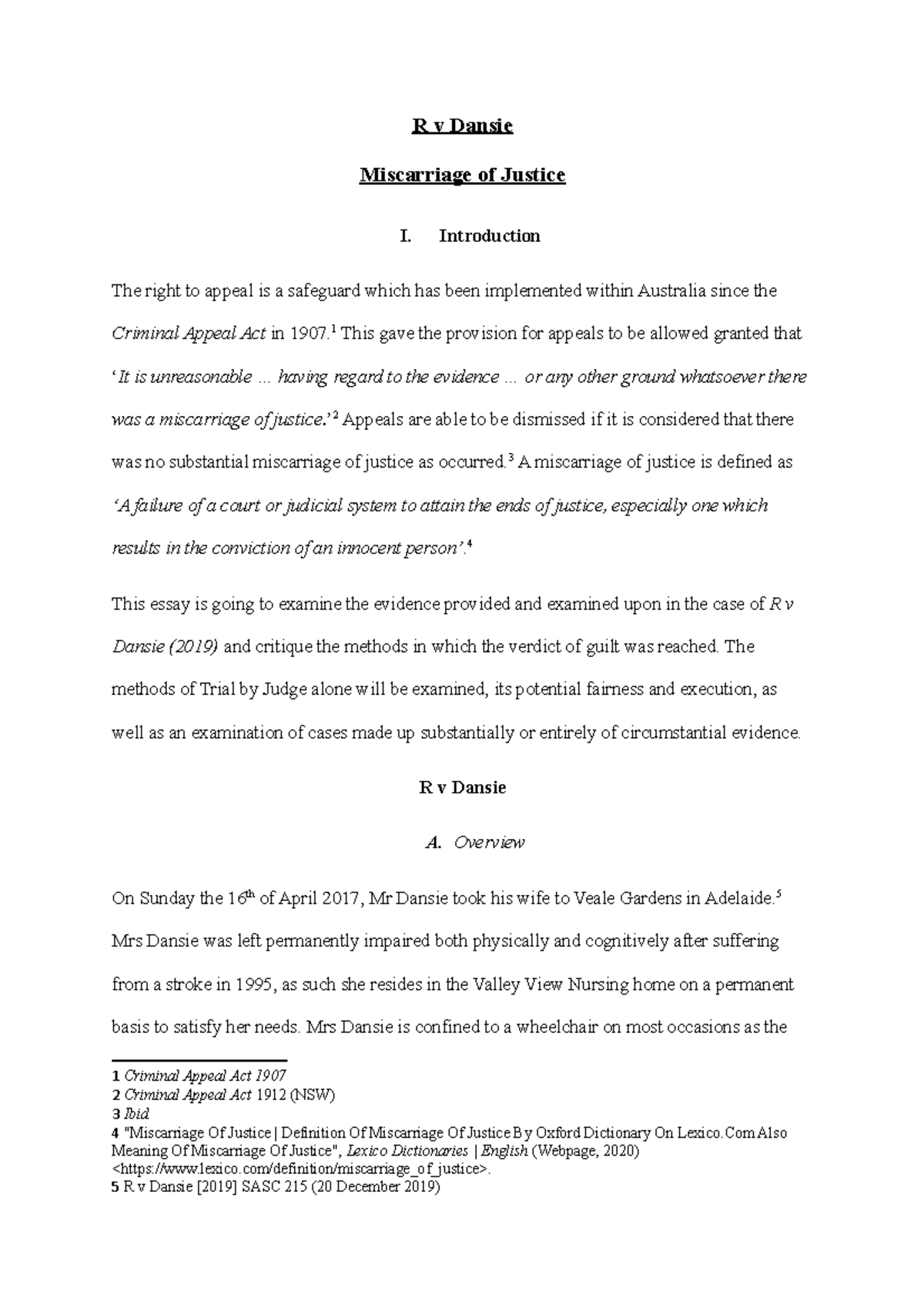 Evidence Assignment Miscarriage of Justice R v Dansie Miscarriage of