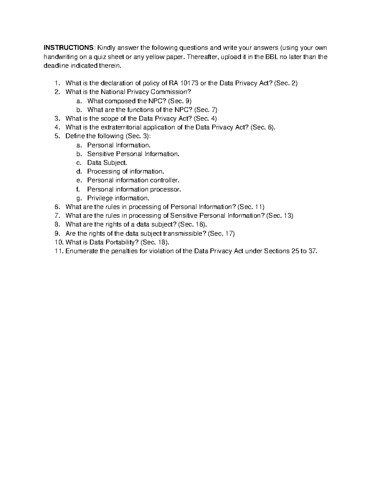 Assignment dated Feb. 05, 2023 Data Privacy Act - INSTRUCTIONS: Kindly ...