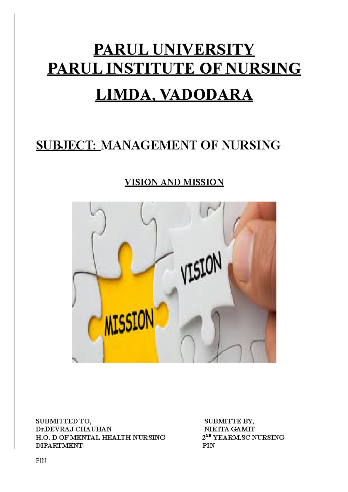 Visin AND Mission - Management - PARUL UNIVERSITY PARUL INSTITUTE OF ...