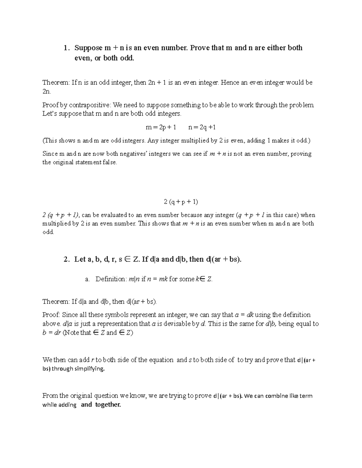 MTH 325 - math 325 - 1. Suppose m + n is an even number. Prove that m ...