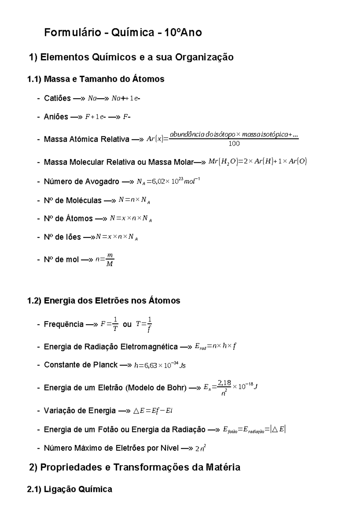 Formulário - Física E Química - 10ºAno - Formulário - Química - 10ºAno ...