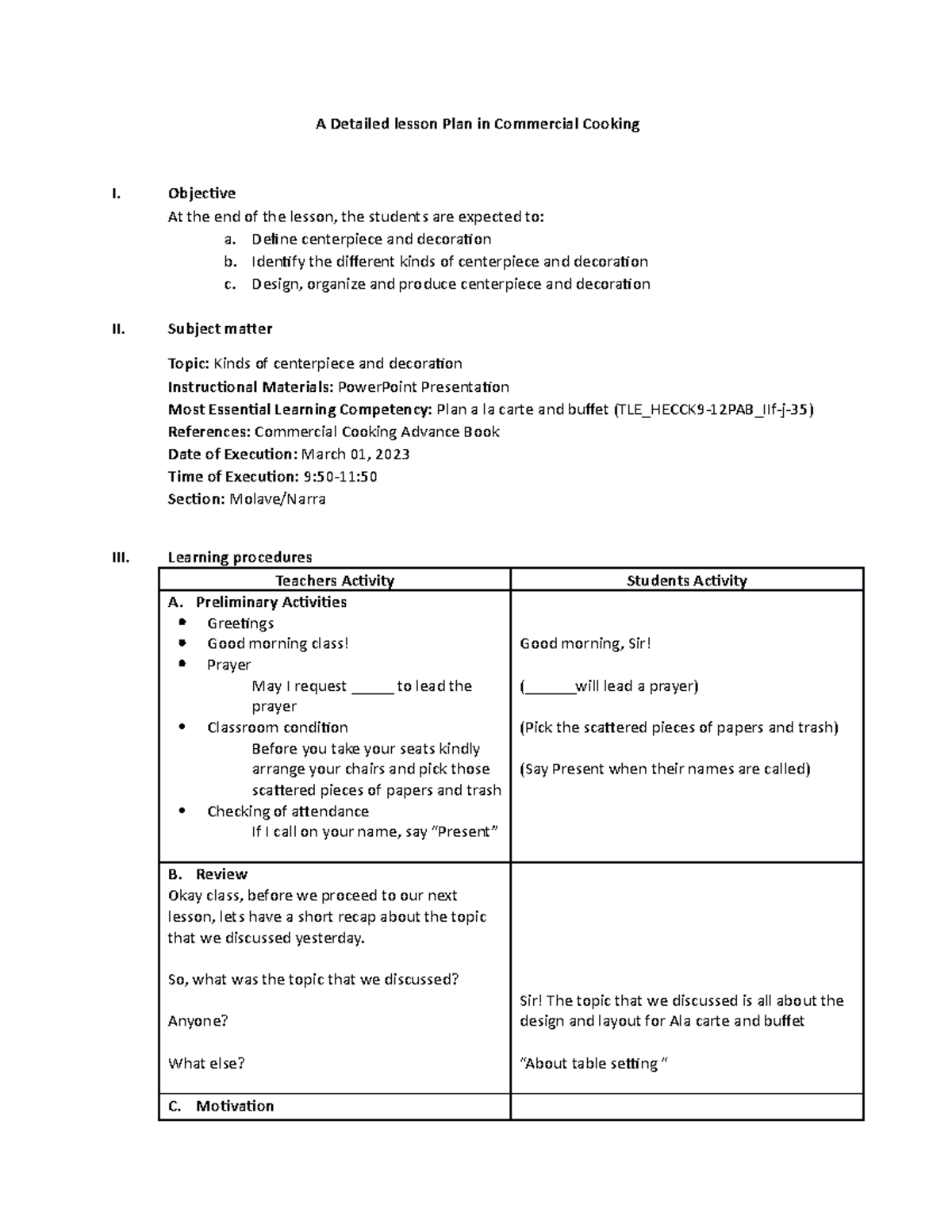 A Detailed lesson plan Kinds of centerpiece - A Detailed lesson Plan in ...