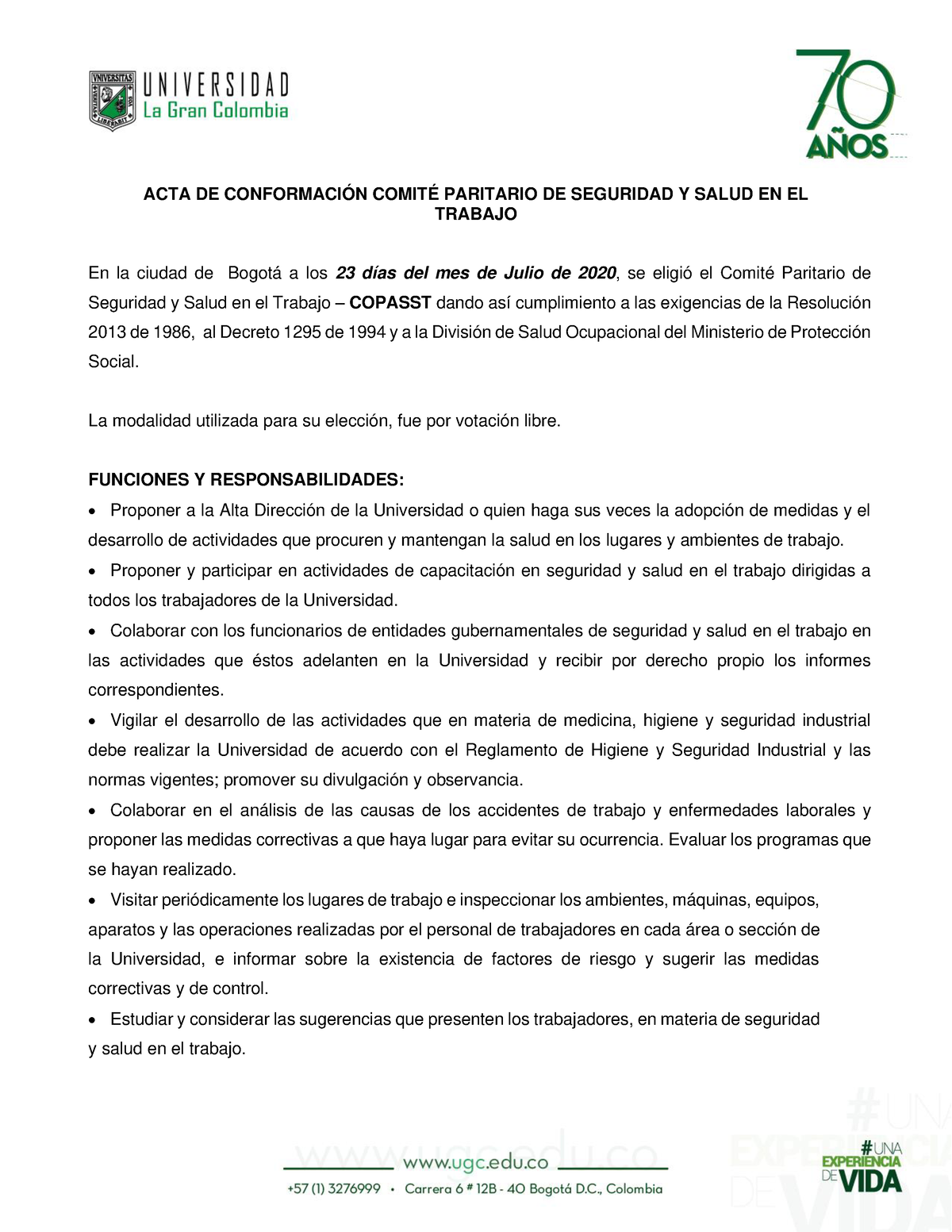 Acta De Conformacion Copasst 2020 A 2022 - ACTA DE CONFORMACIÓN COMITÉ ...