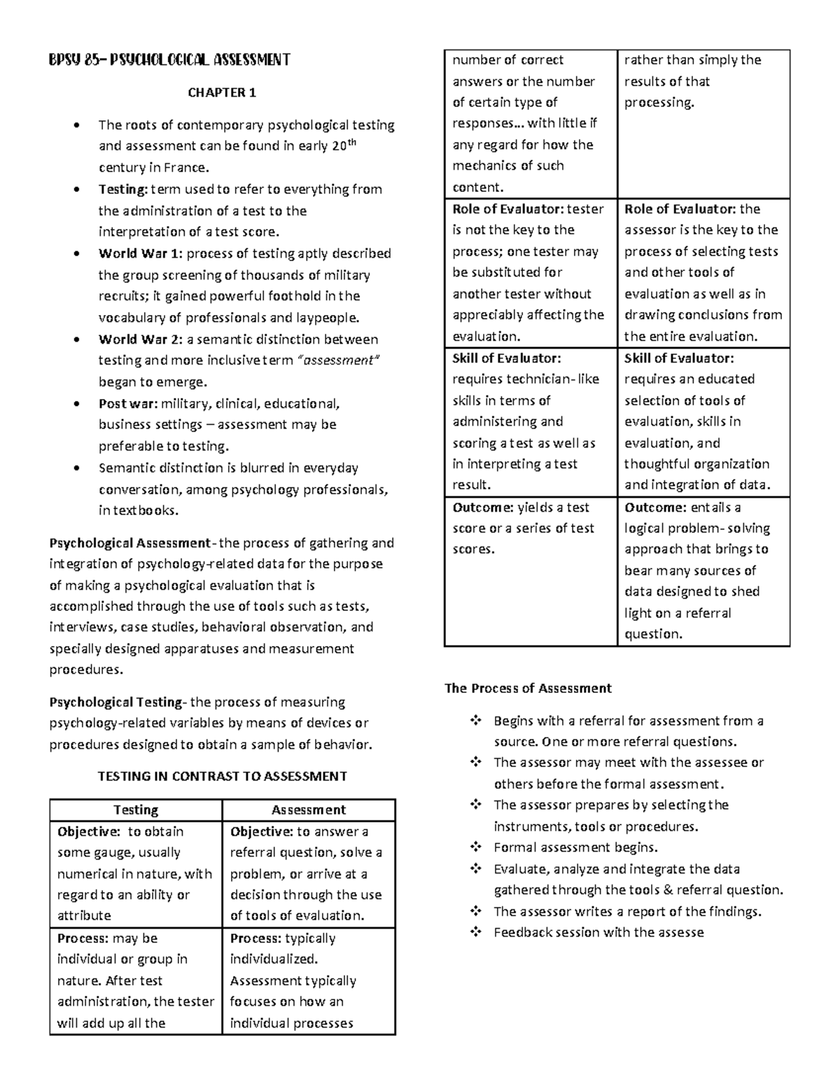 BPSY 85- Reviewer - BPSY 85- PSYCHOLOGICAL ASSESSMENT CHAPTER 1 The ...