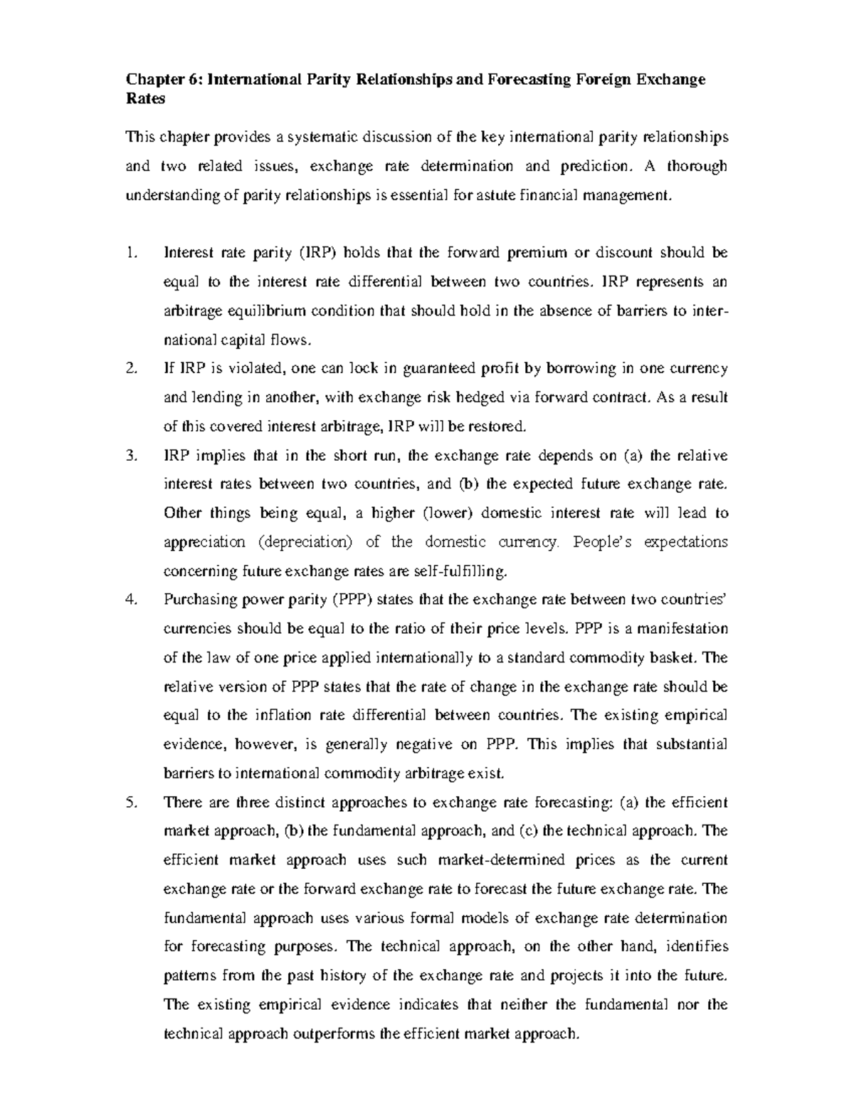 Chapter6 summary - Chapter 6: International Parity Relationships and ...