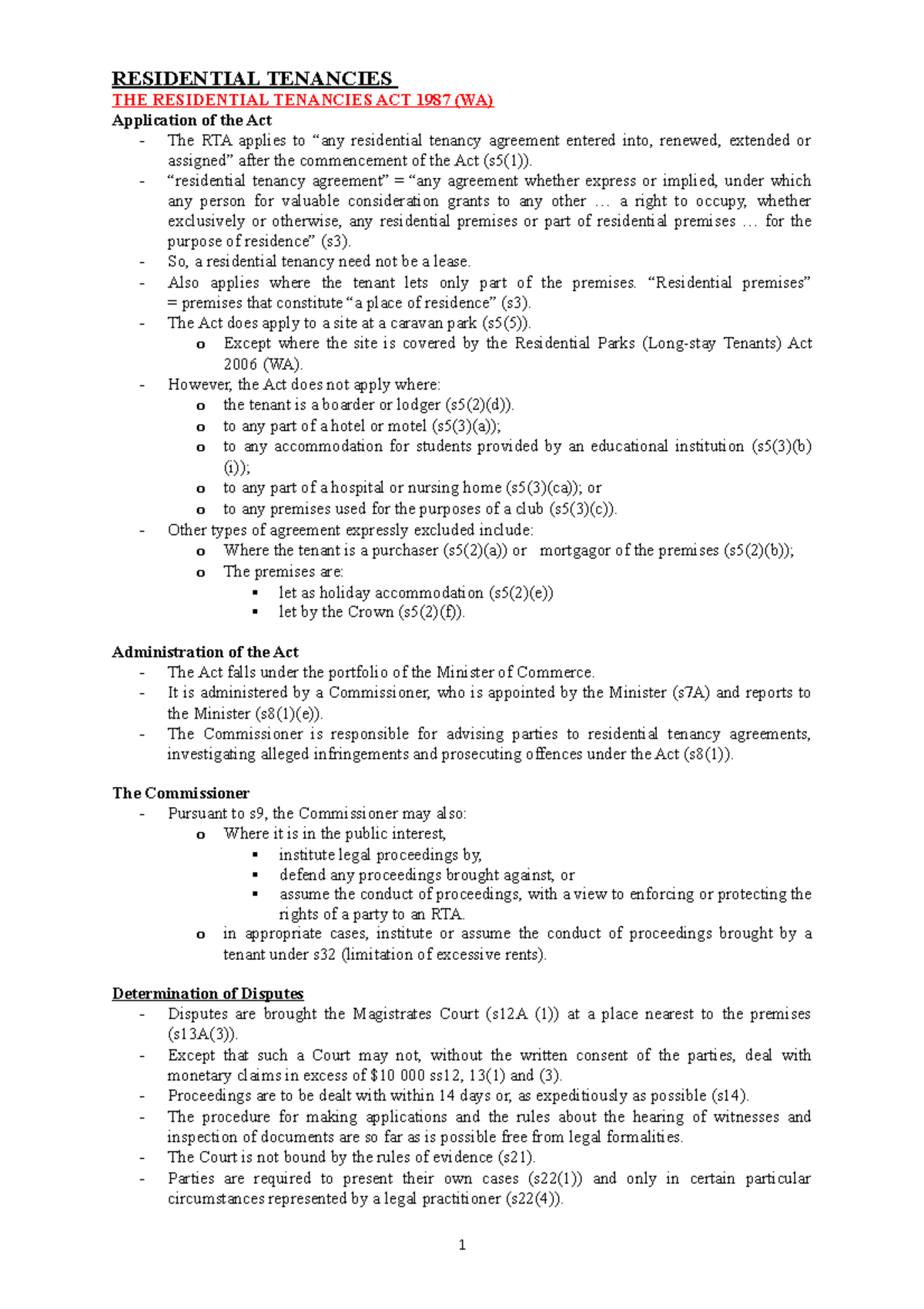 5 PLB Residential Tenancies Act (Exam Notes) - RESIDENTIAL TENANCIES ...