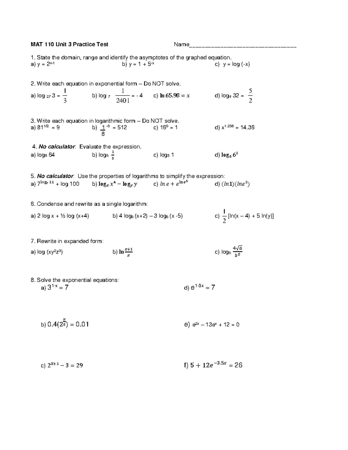 Unit 3 Practice Test 2019 SP - MAT 110 Unit 3 Practice Test Name