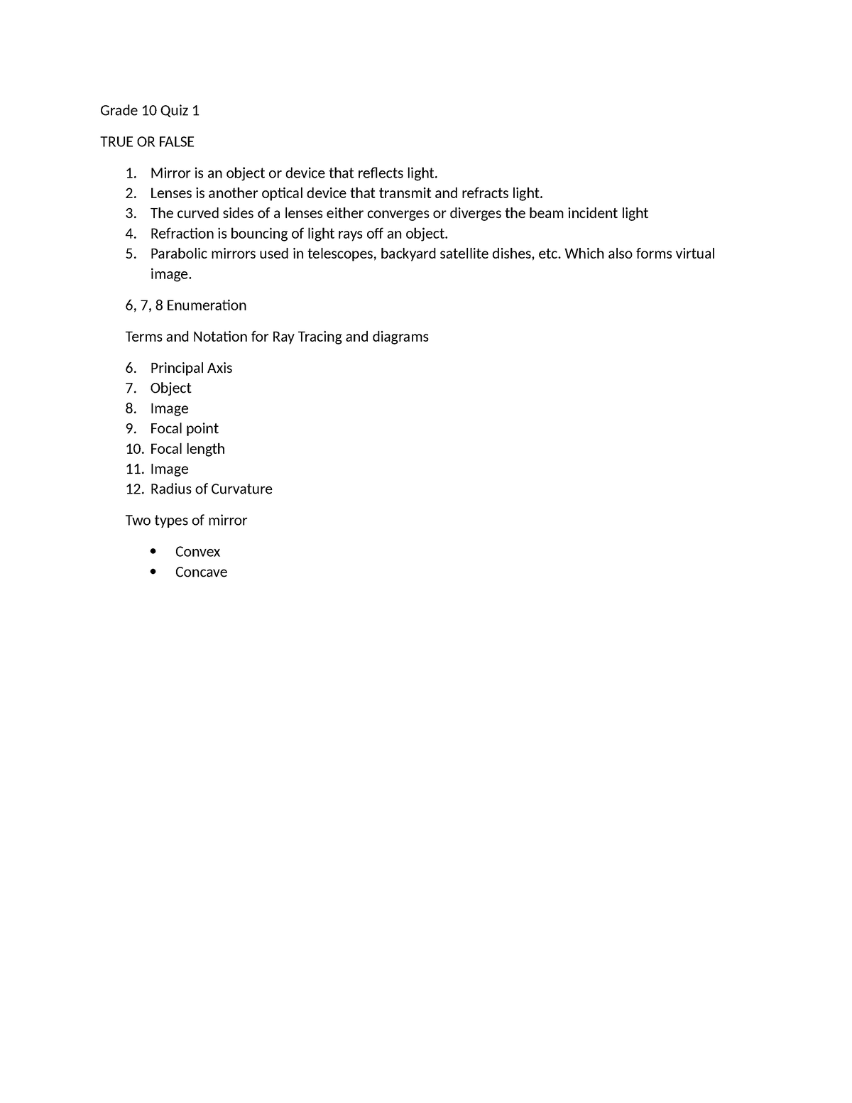 Grade 10 Mirror and lenses Quiz 1 - Grade 10 Quiz 1 TRUE OR FALSE 1 ...