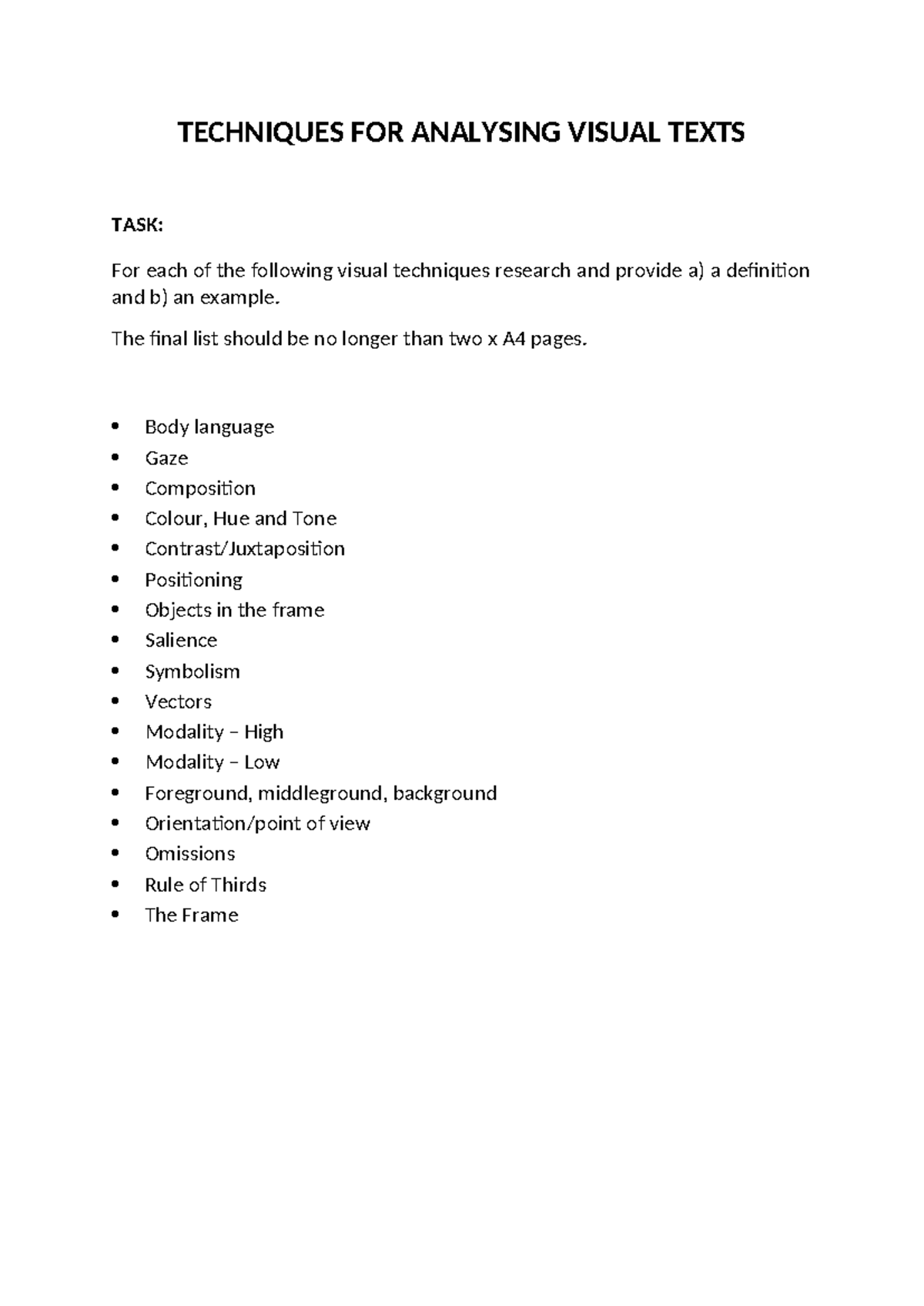 Techniques for Analysing Visual Texts - TECHNIQUES FOR ANALYSING VISUAL ...