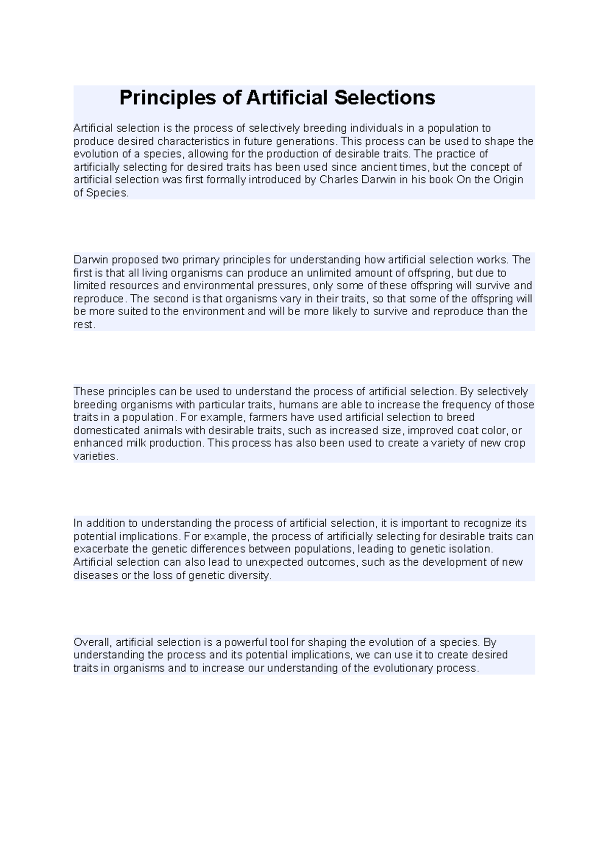 Principles of Artificial Selections Principles of Artificial