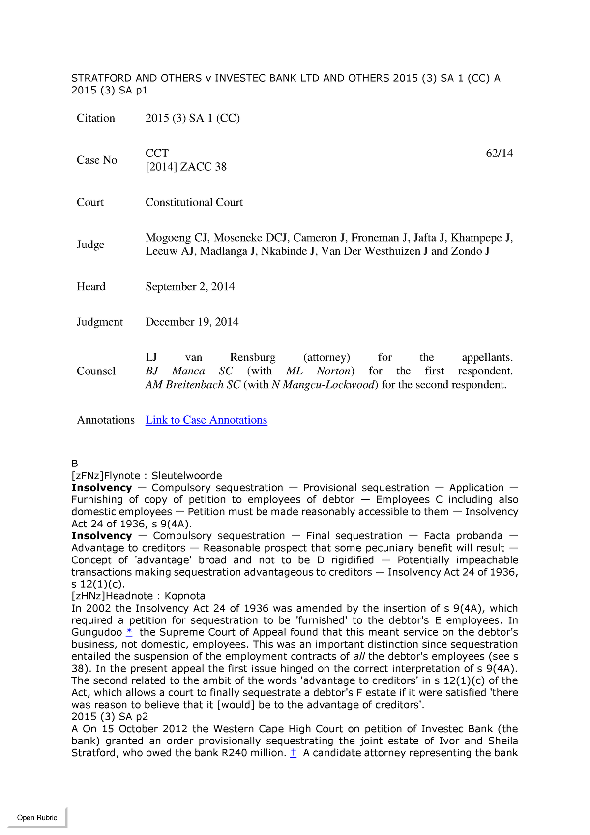 Stratford AND Others V Investec BANK LTD AND Others 2015 (3) SA 1 (CC ...