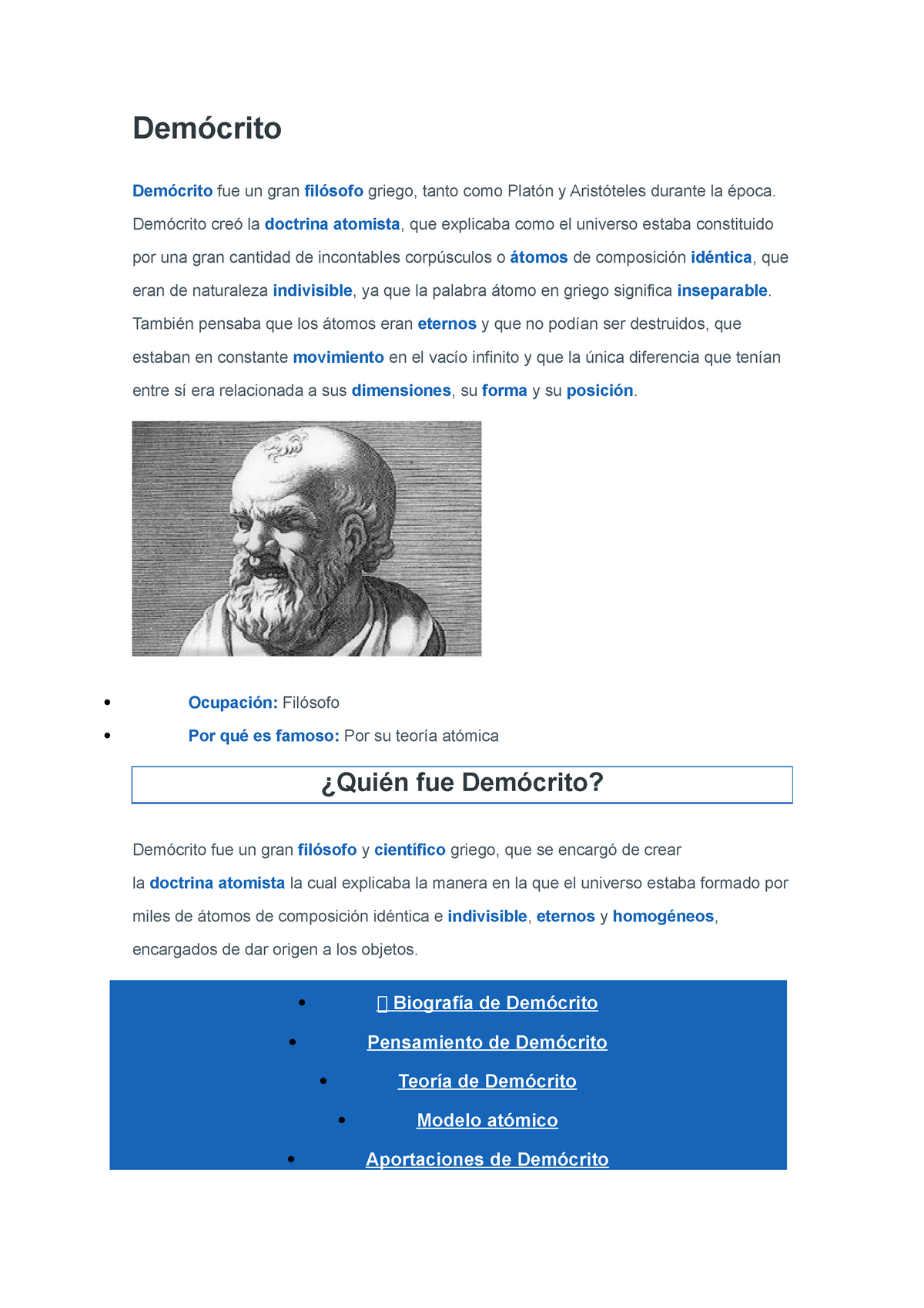 Teoria DE Atomos Demócrito - Demócrito Demócrito fue un gran filósofo  griego, tanto como Platón y - Studocu