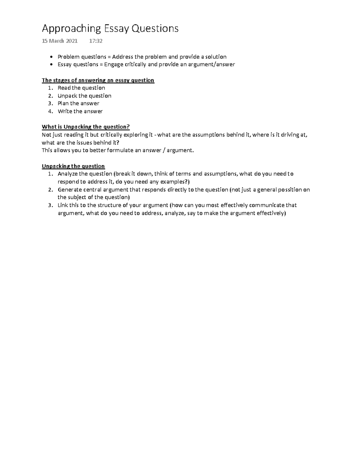 Approaching Essay Questions - Problem questions = Address the problem ...