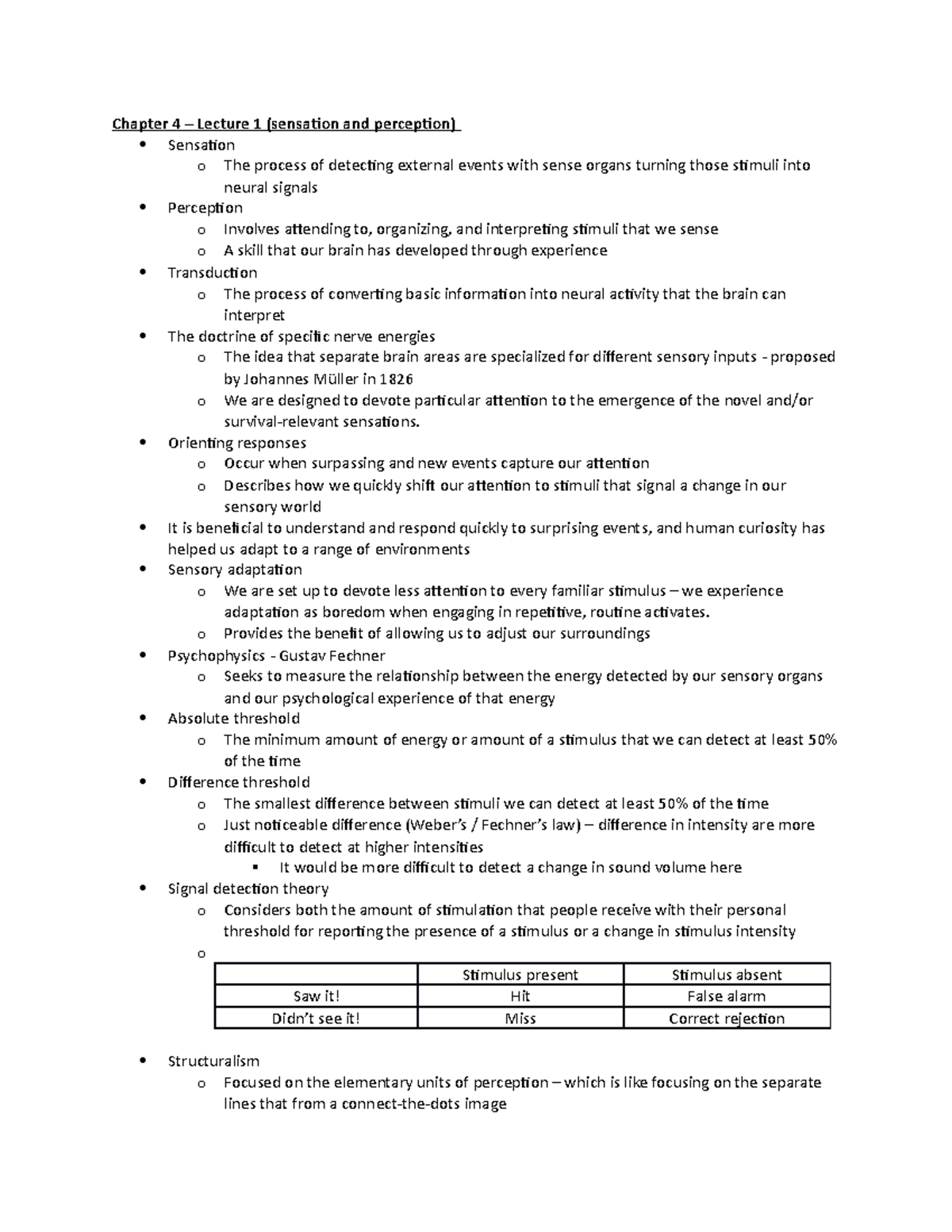 Psych 1200 ch. 4 - Lecture notes 4 - Chapter 4 – Lecture 1 (sensaion ...