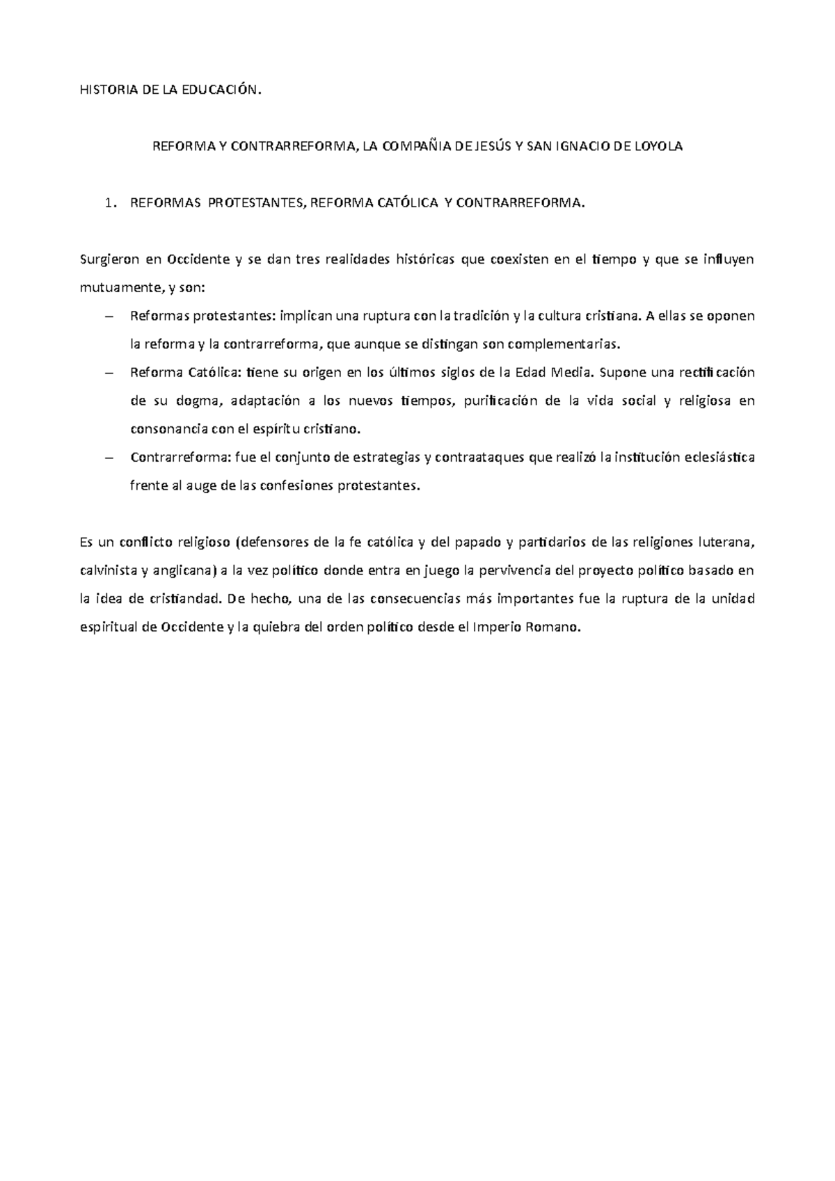 Resumen Reforma Y Contrarreforma Historia De La Educacion Studocu
