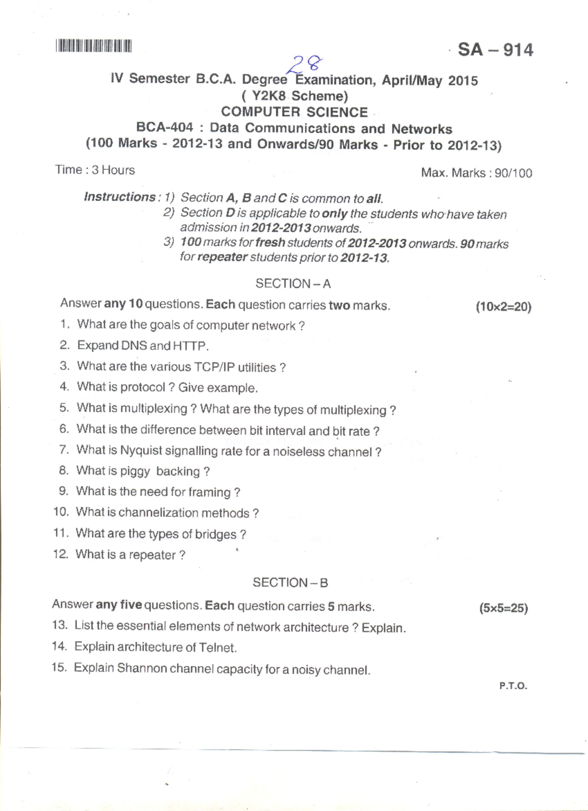 Exam May 2015, questions - 29 IV Semester B.C. Degree Examination, 2015 ...