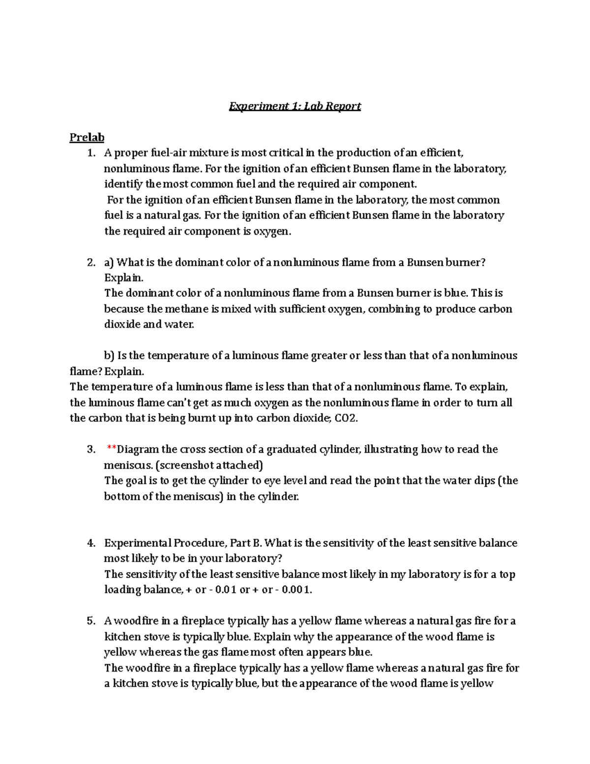 Lab 1 - Lab with Bunsen Burner practice. - Experiment 1: Lab Report ...