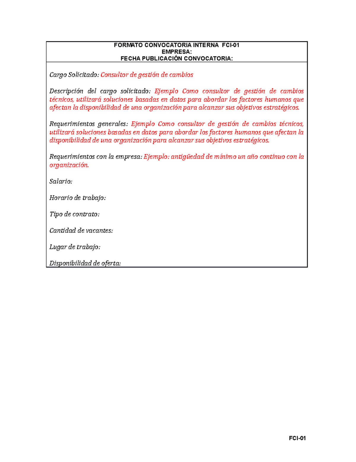 Formato Convocatoria Interna Fci Formato Convocatoria Interna