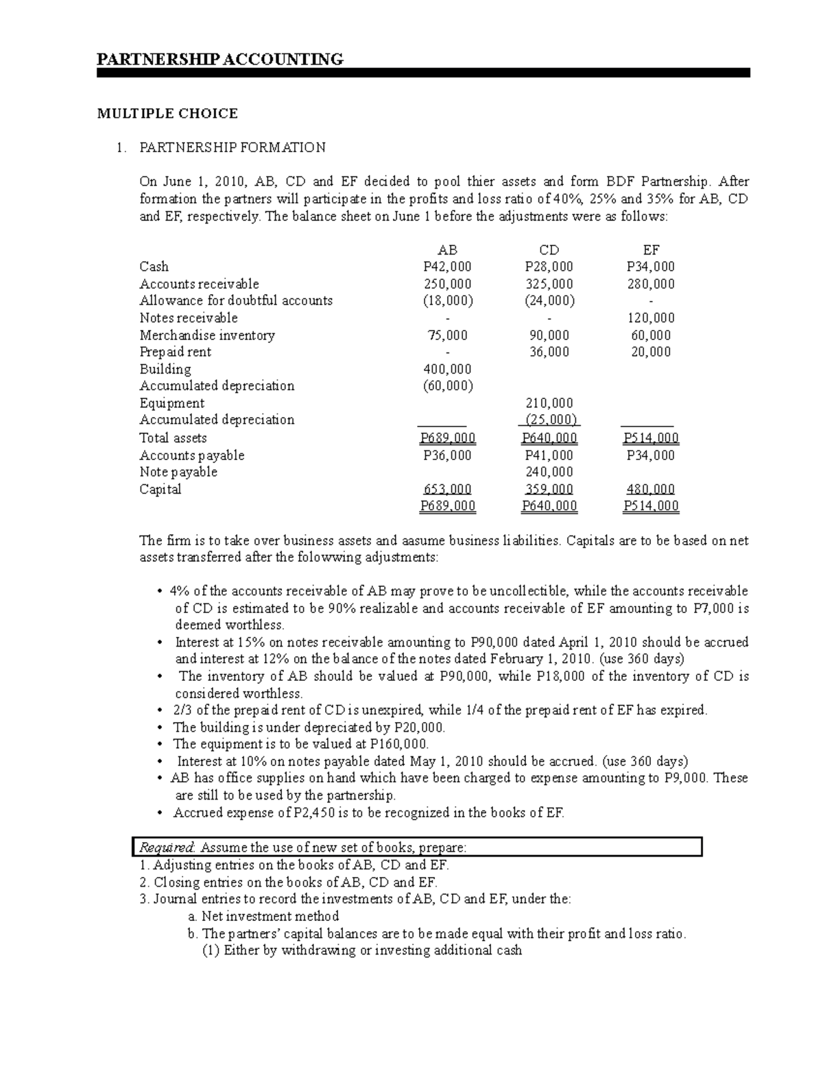 Partnership Operation And Formation - PARTNERSHIP ACCOUNTING MULTIPLE ...