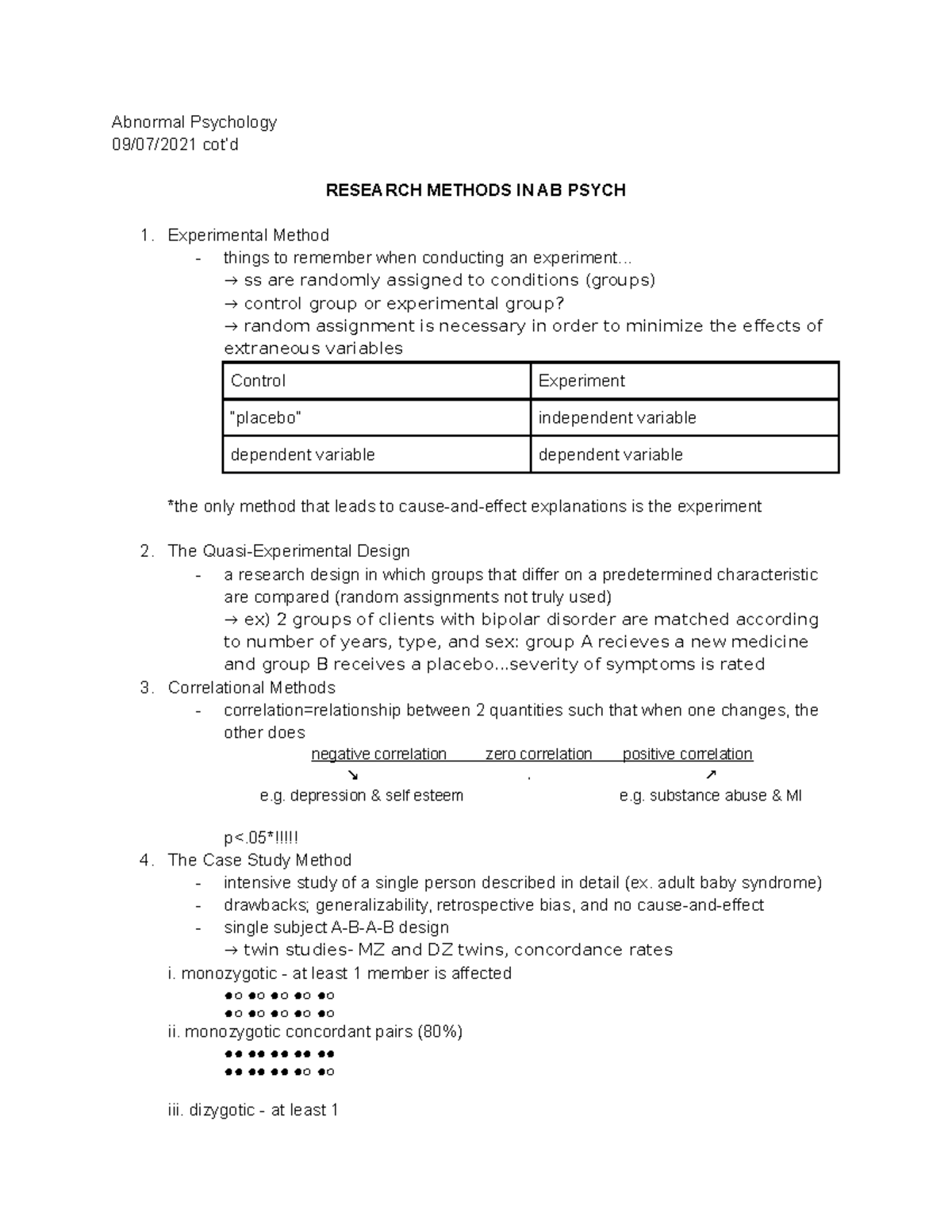 AP Notes 9 7 cot'd Abnormal Psychology 09/07/2021 cot’d RESEARCH METHODS IN AB PSYCH