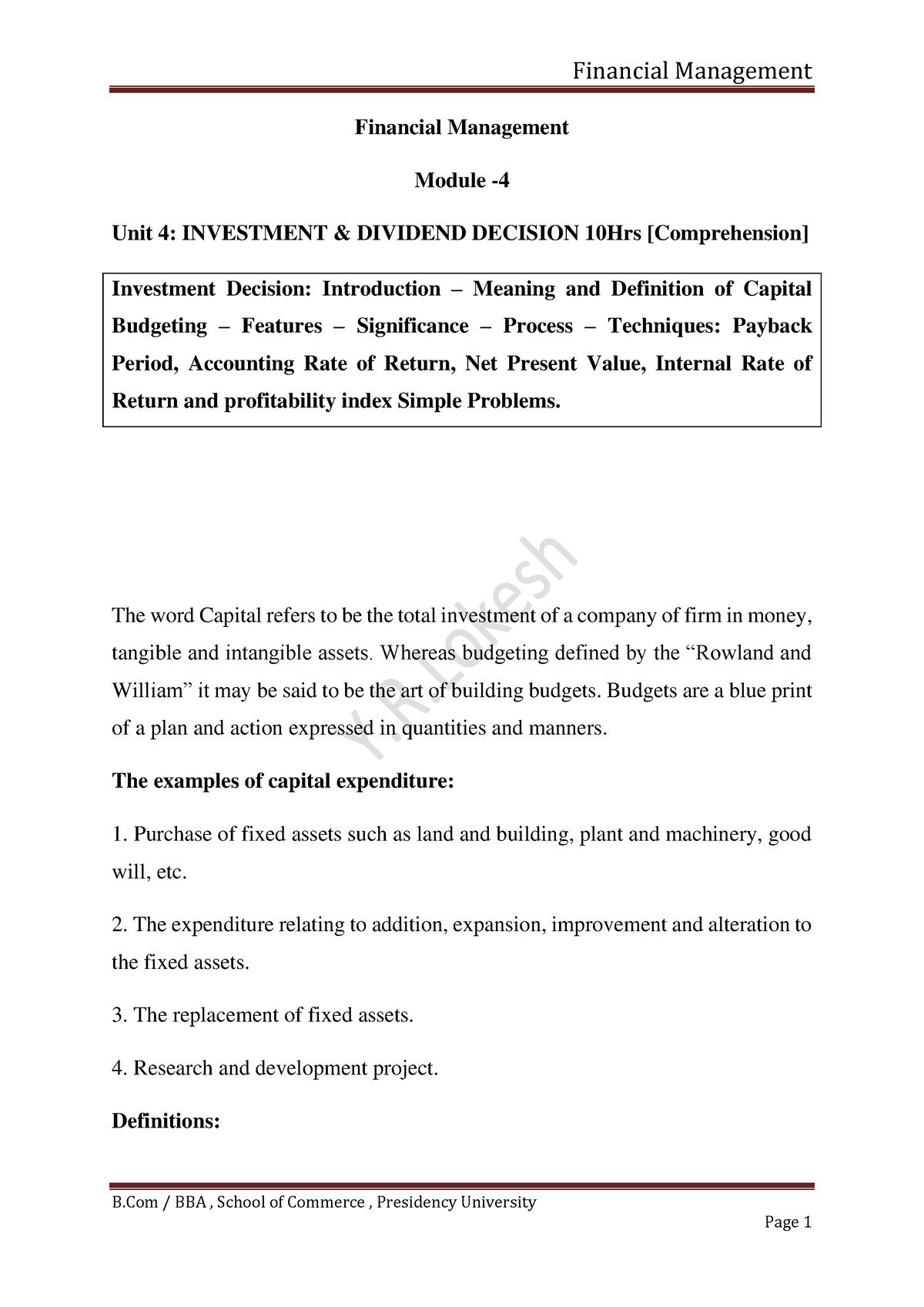 FM Module 3 Investment Decisions - B / BBA , School Of Commerce ...