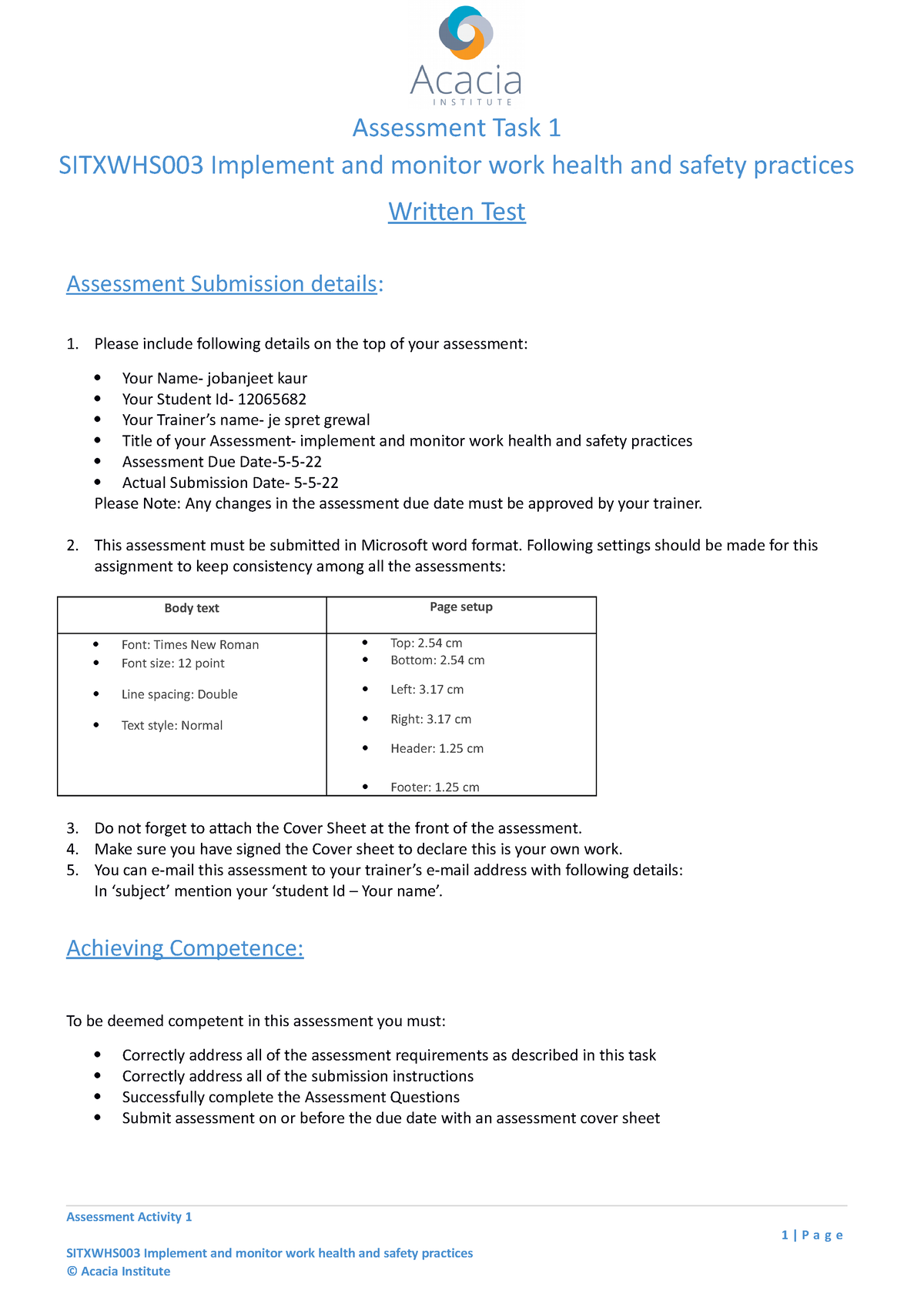 At1 Sitxwhs 003 Na Assessment Task 1 Sitxwhs003 Implement And