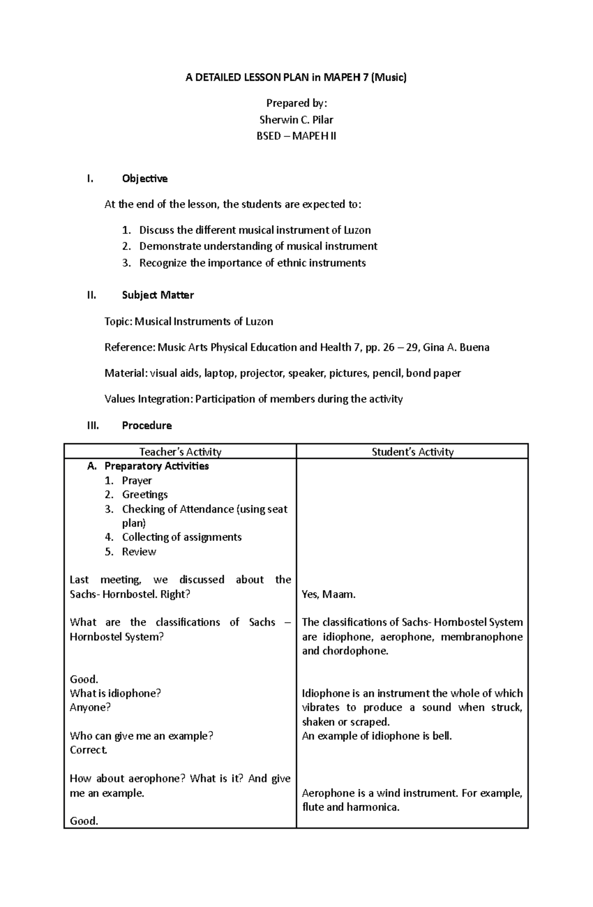 429202230 Detailed Lesson Plan In Mapeh 7 A Detailed Lesson Plan In Mapeh 7 Music Prepared