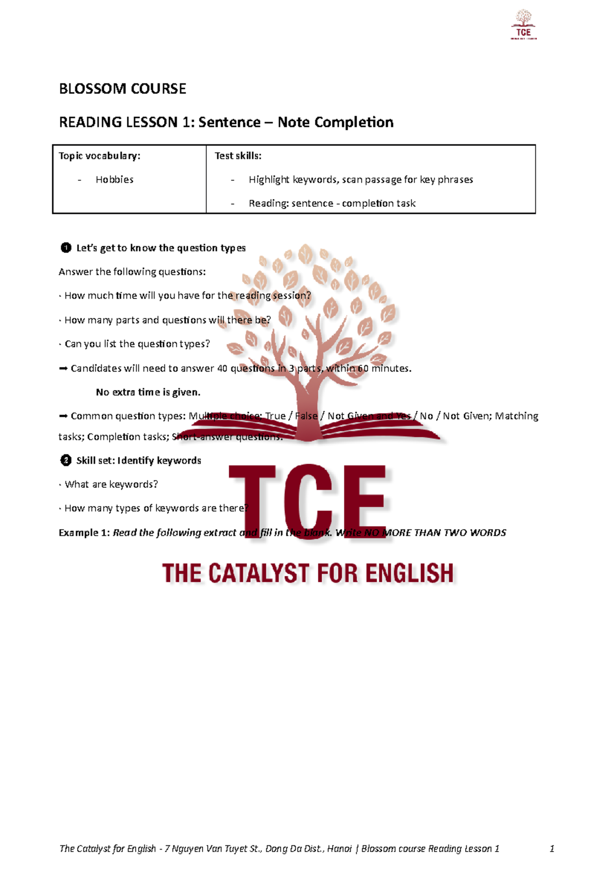 Reading Lesson 1 BLOSSOM COURSE READING LESSON 1 Sentence Note