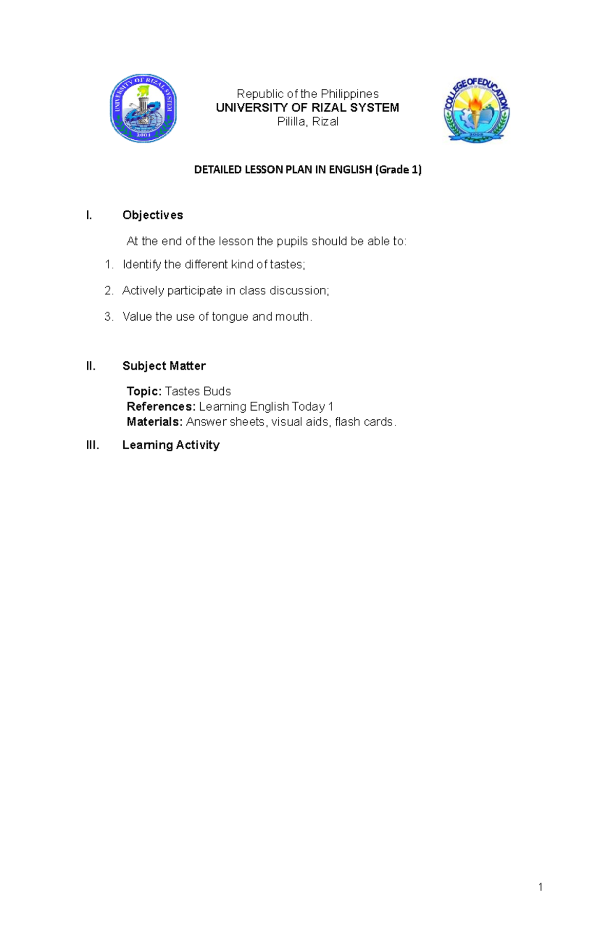 Lesson-Plan-III - lesson plan - Republic of the Philippines UNIVERSITY ...