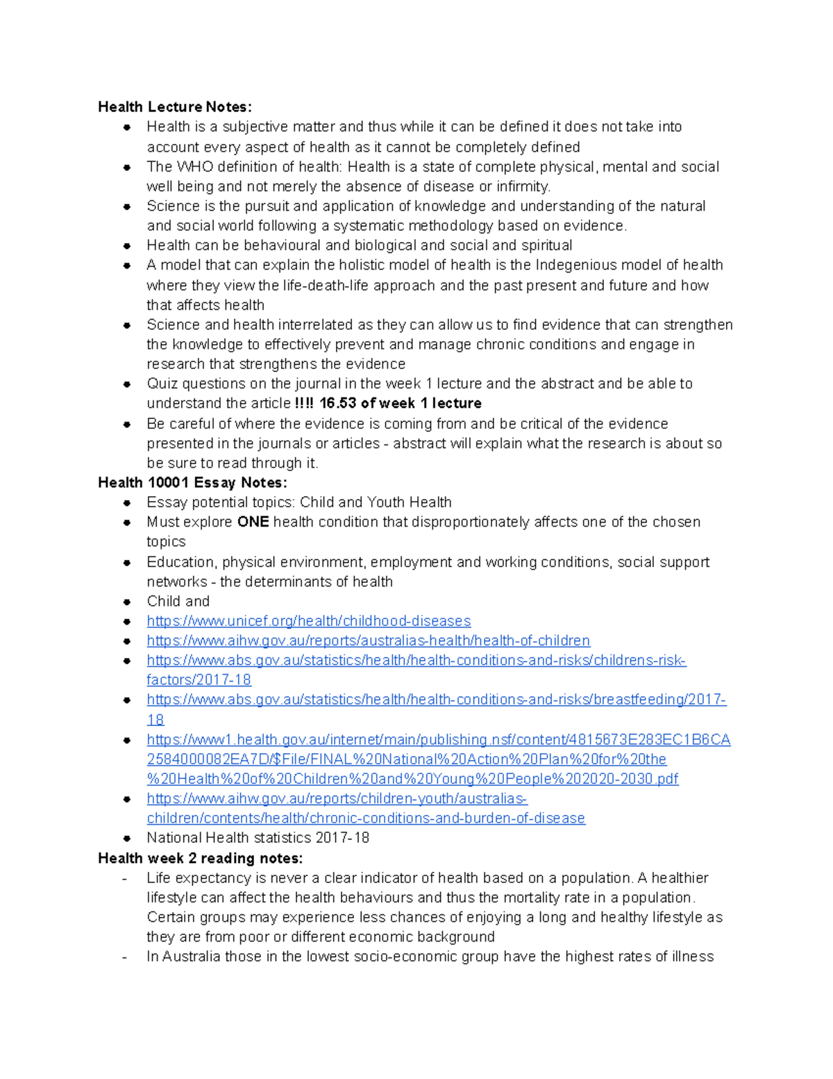 Health 10001 Notes Health Lecture Notes Health is a subjective
