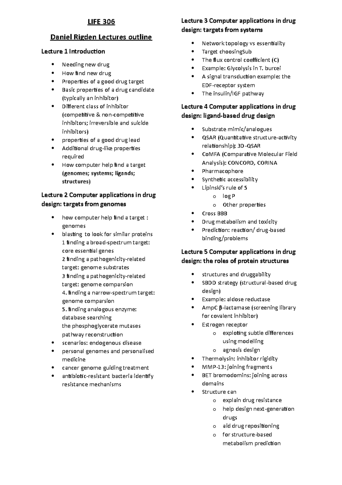 LIFE306 Dan's lectures - LIFE 306 Daniel Rigden Lectures outline ...