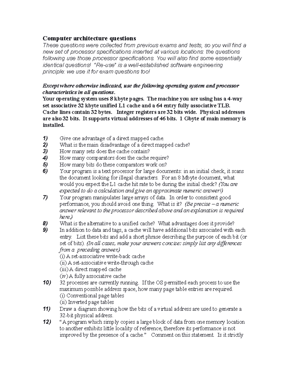 Computer Architecture Questions - Computer architecture questions These ...