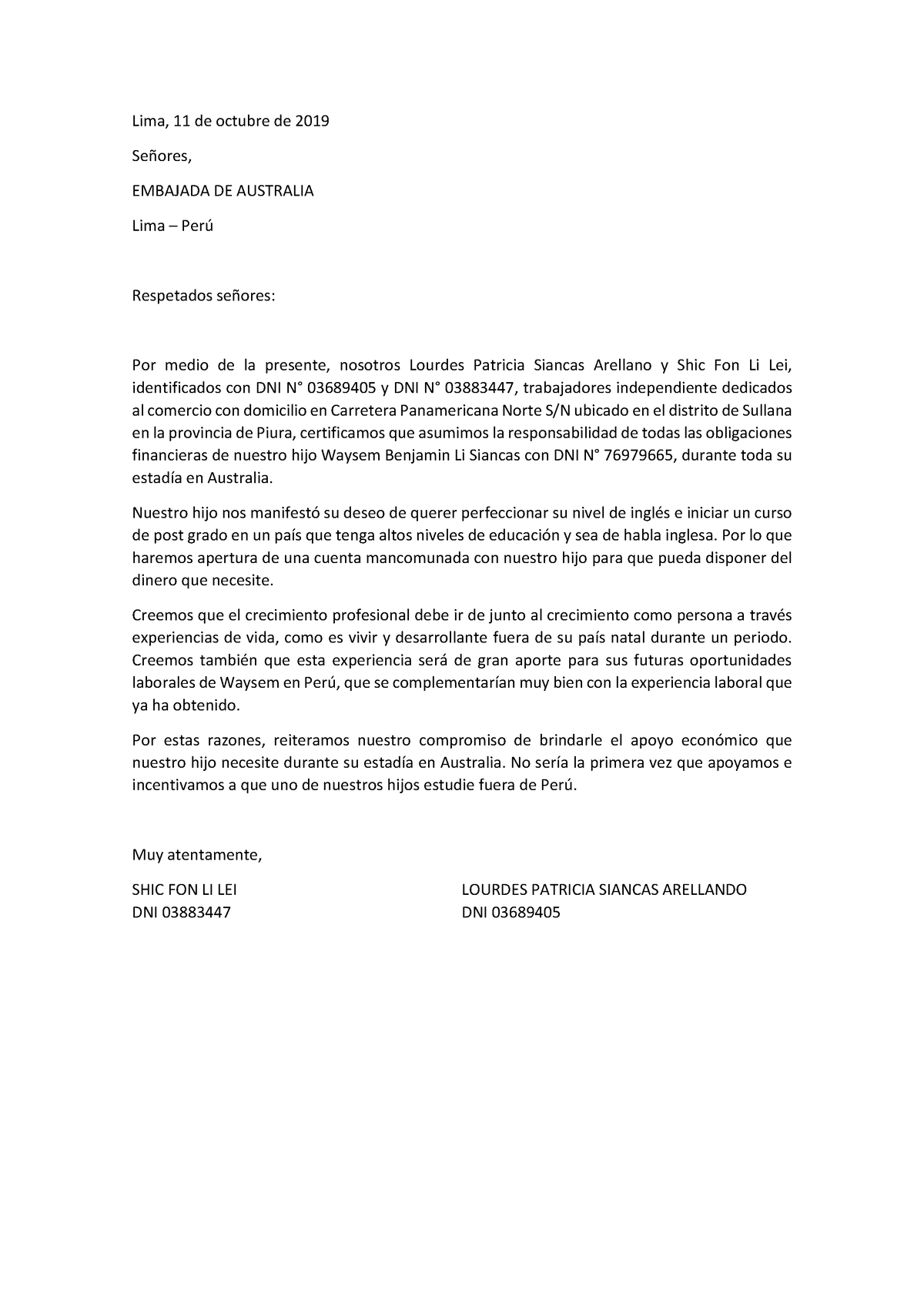 Ejemplo Carta Garante - Lima, 11 de octubre de 2019 Señores, EMBAJADA ...