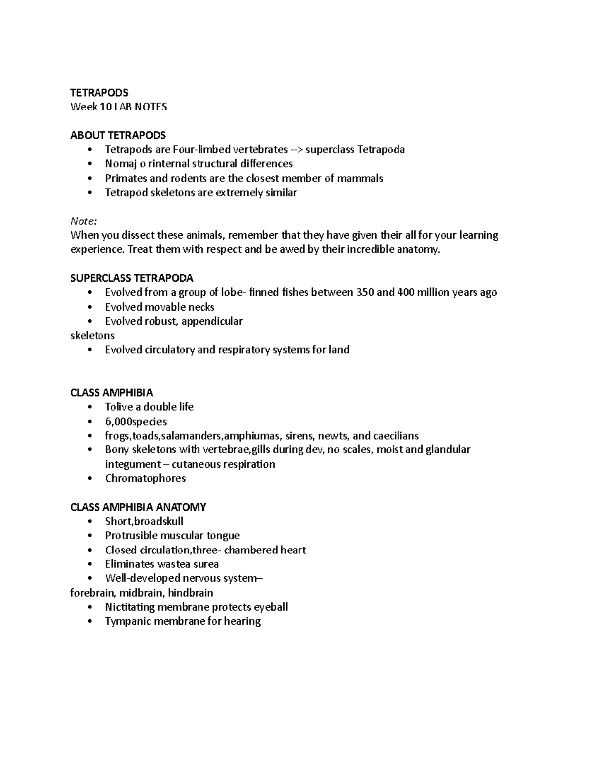 Tetrapods - laboratory lecture notes - TETRAPODS Week 10 LAB NOTES