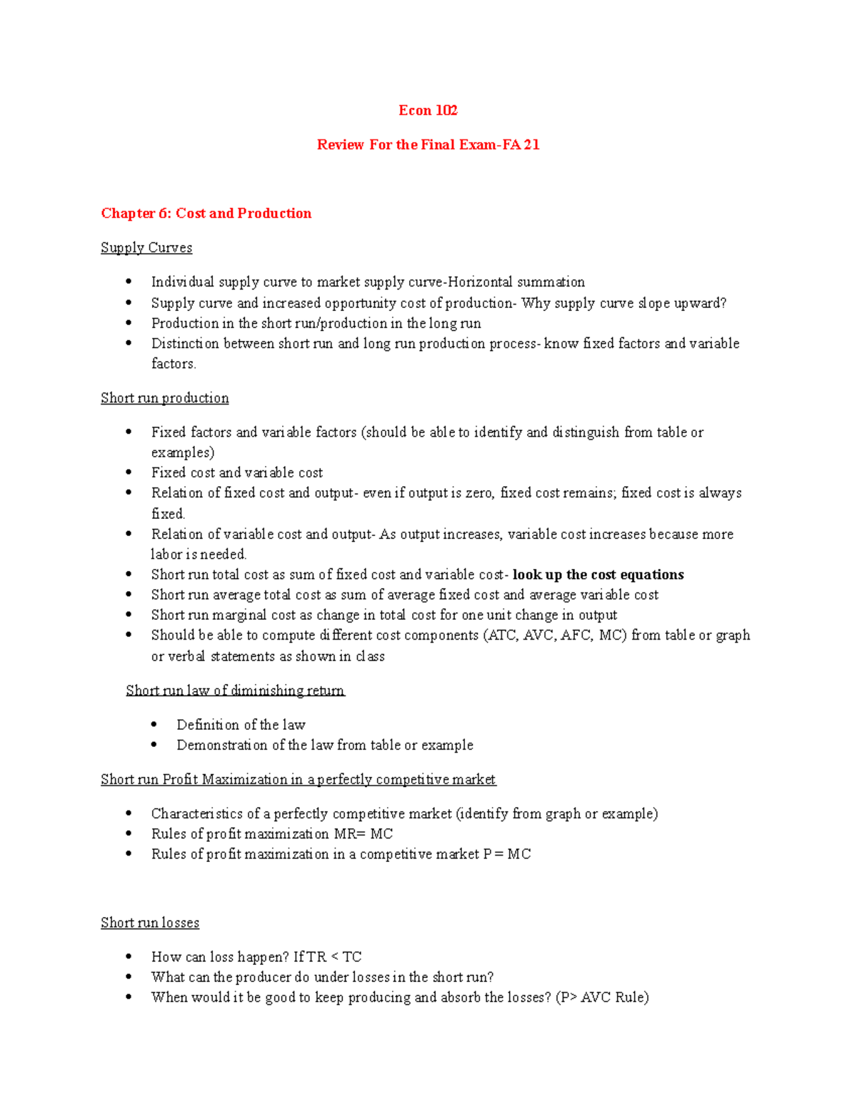 Econ 102 Review for Final Exam - Econ 102 Review For the Final Exam-FA ...