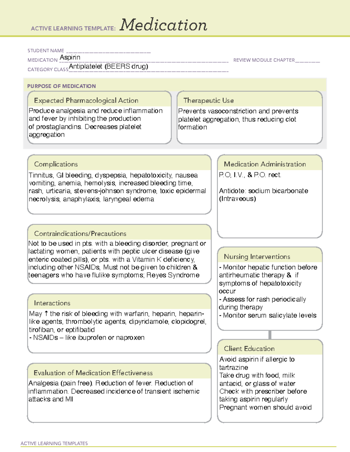 Aspirin nursing material ACTIVE LEARNING TEMPLATES Medication