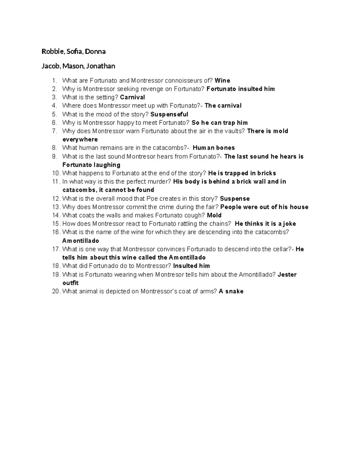 The Cask Of Amontillado Story Review Robbie, Sofia, Donna Jacob