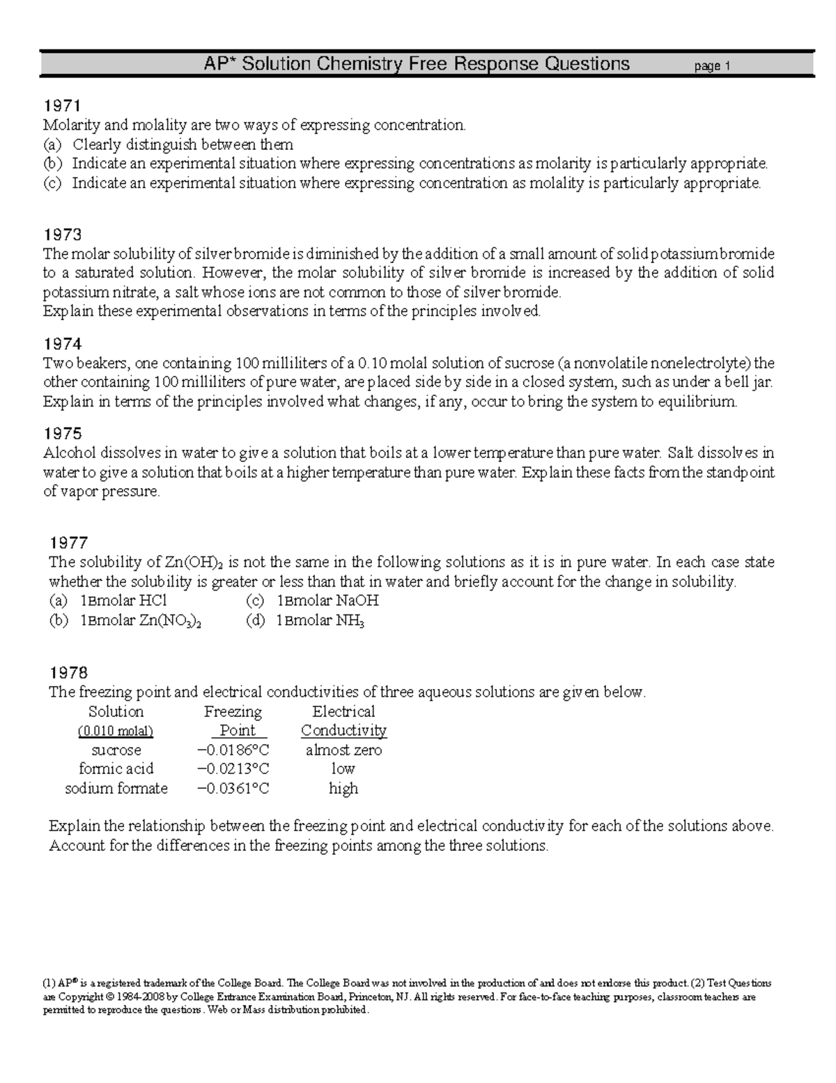 Solution Chemistry Ap Question Worksheet - (1) Ap® Is A Registered 