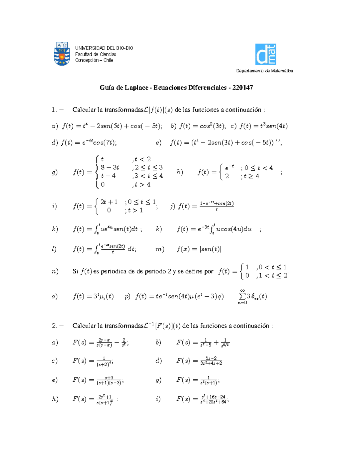 Guía Laplace Guia De Ejercicios Propuestos Por El Profesor