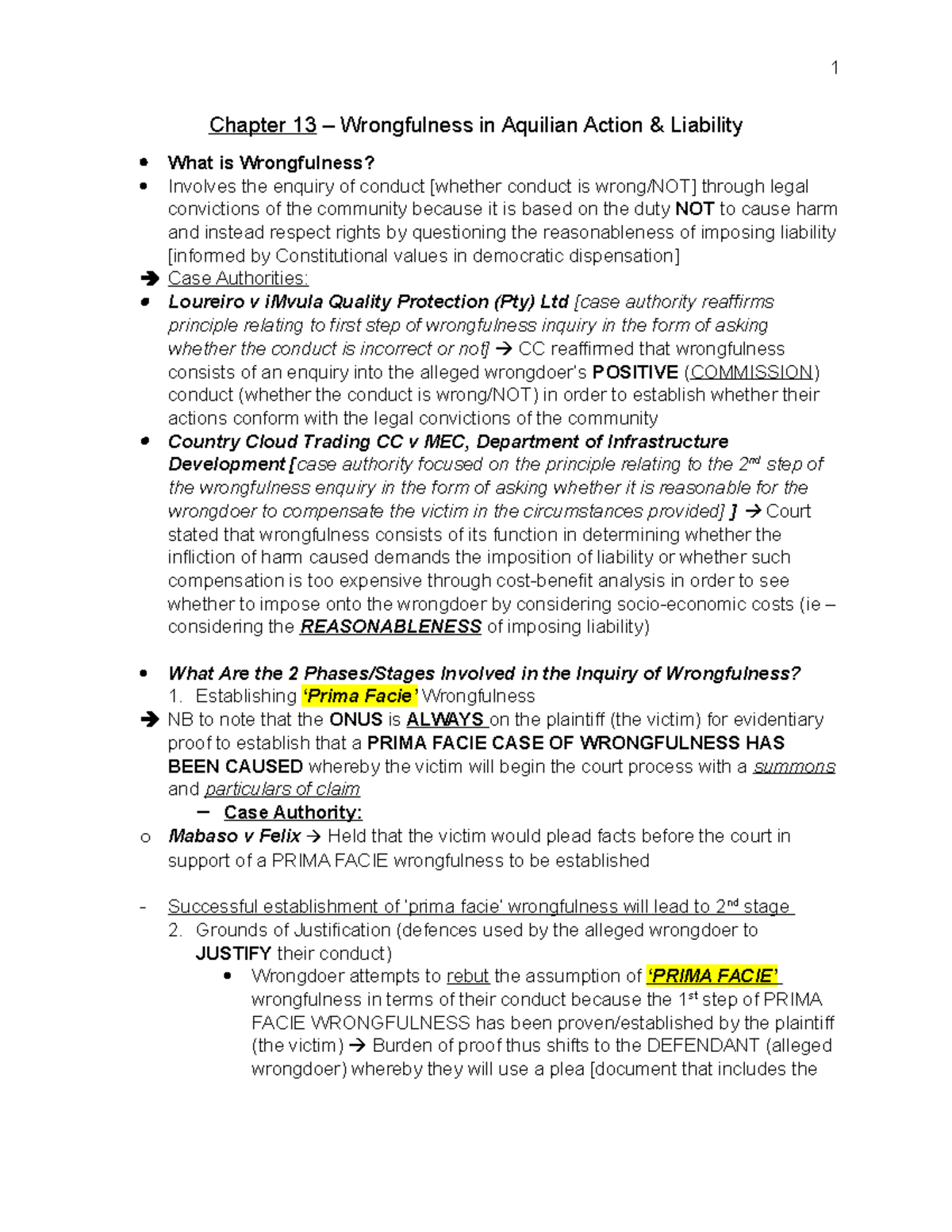 Law of Delict Semester Two Notes - Chapter 13 – Wrongfulness in ...