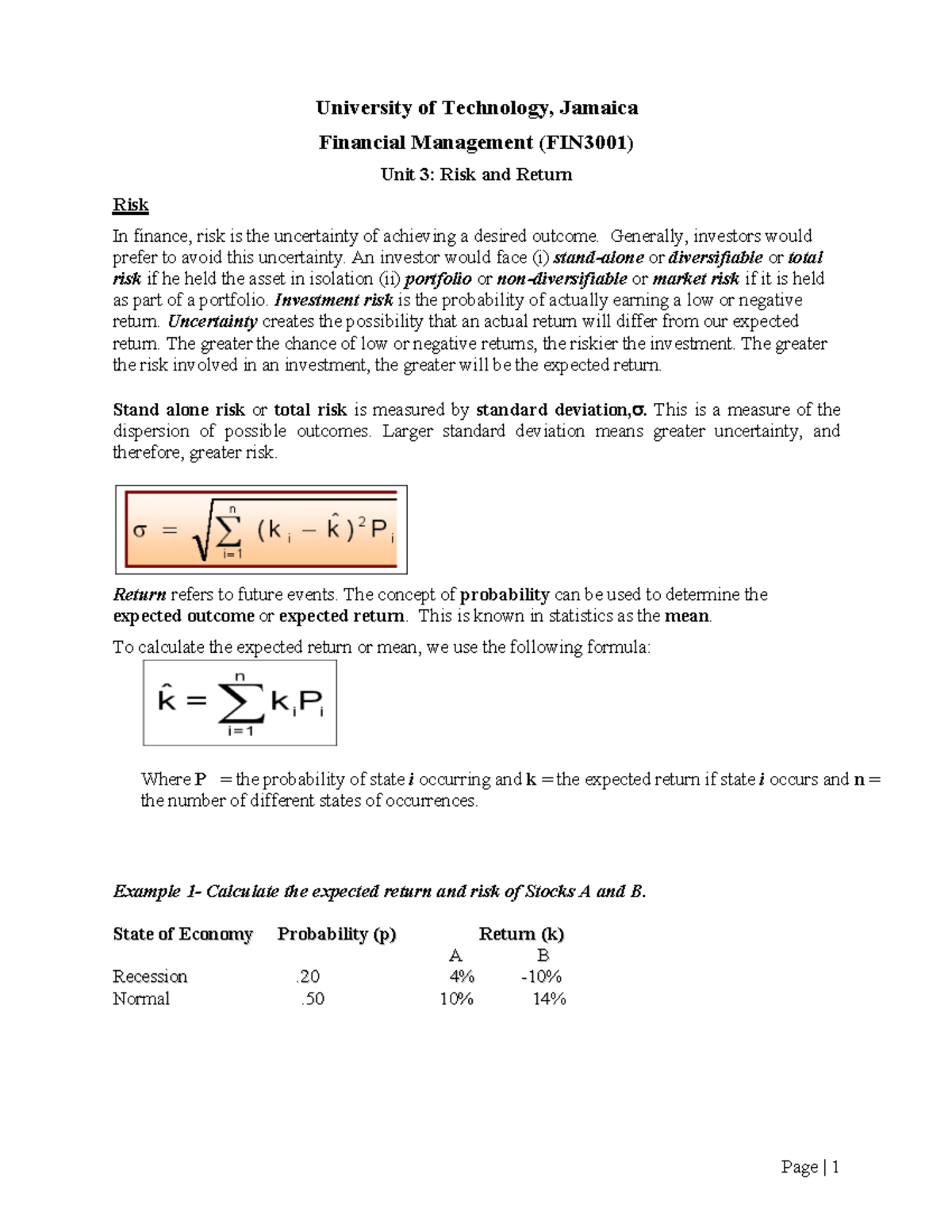 FM Unit 3 Lecture Notes - Risk and Return - University of Technology ...
